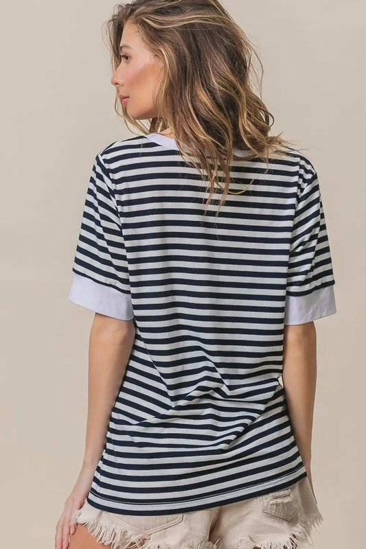 BiBi Contrast Striped Notched Knit Top - Trendsi - Flyclothing LLC