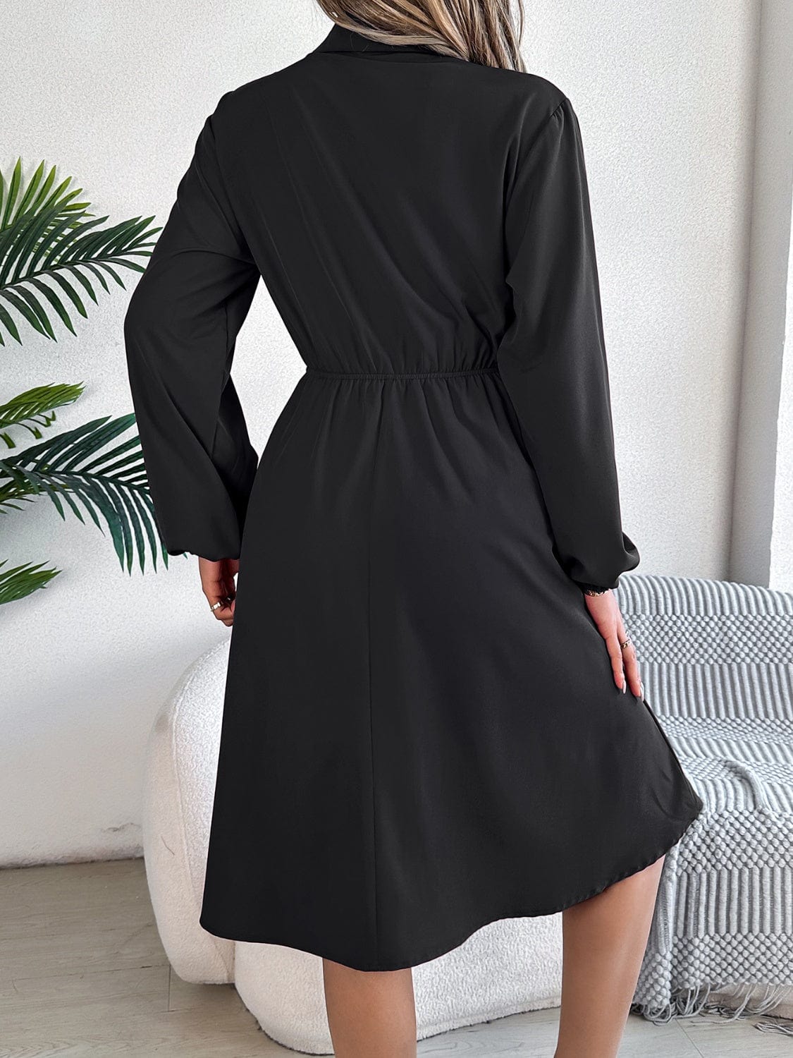 Collared Neck Long Sleeve Dress with Pockets - Trendsi