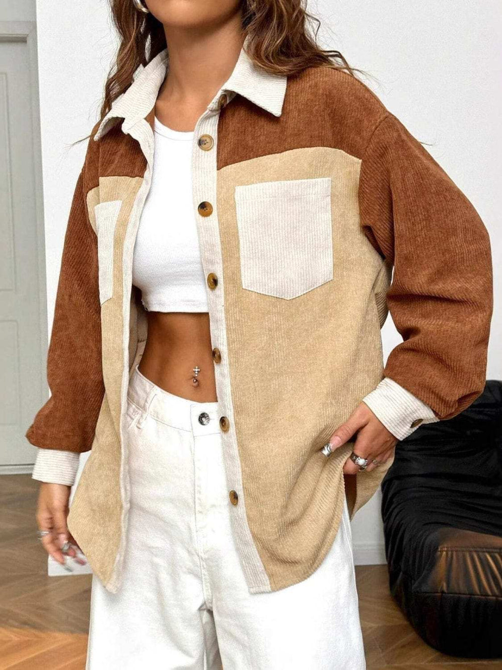 Color Block Collared Neck Long Sleeve Shirt - Trendsi - Flyclothing LLC