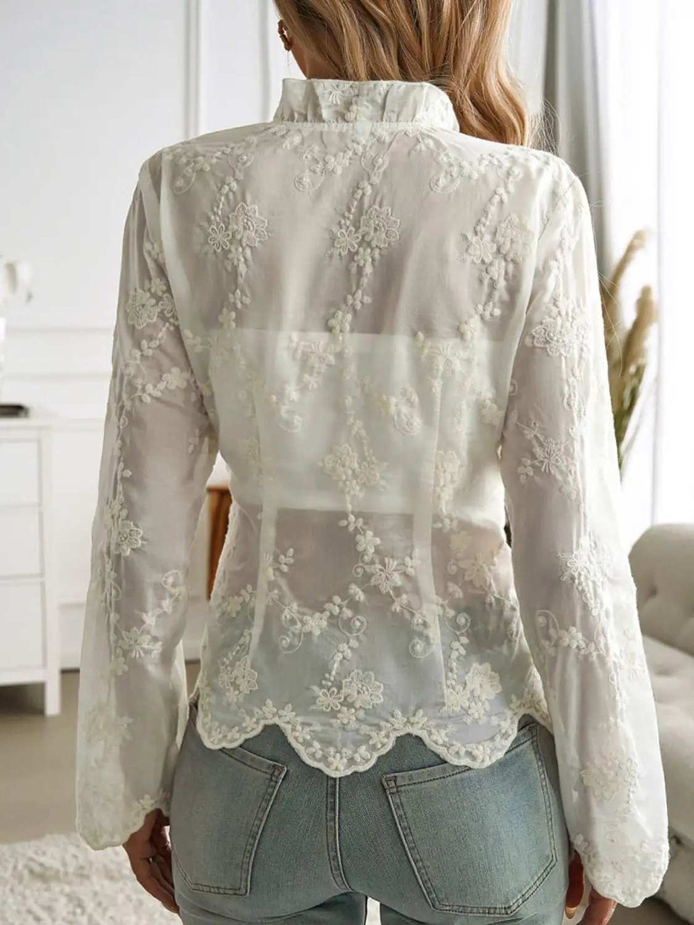 Devine Tied Frill V-Neck Long Sleeve Lace Top - Trendsi - Flyclothing LLC