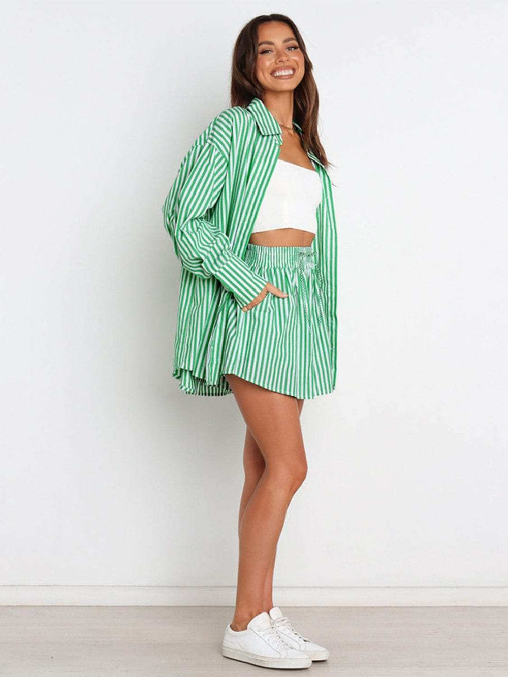 Striped Dropped Shoulder Shirt and Shorts Set - Trendsi - Flyclothing LLC