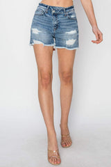 RISEN Stepped Waist Frayed Denim Shorts - Trendsi - Flyclothing LLC