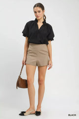 Umgee Textured Puff Sleeve Split Neck Top - Trendsi - Flyclothing LLC