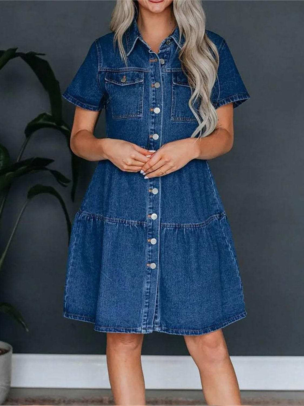 Pocketed Button Up Collared Neck Short Sleeve Denim Dress - Trendsi - Flyclothing LLC