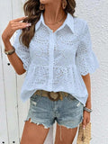 Eyelet Solid Collared Neck Half Sleeve Shirt - Trendsi - Flyclothing LLC