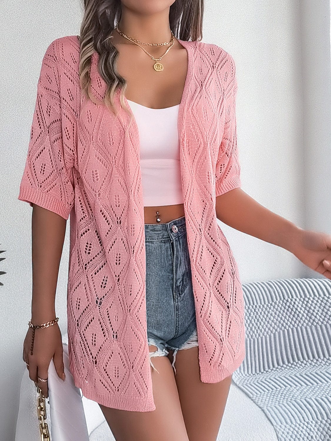 Openwork Open Front Half Sleeve Cardigan - Trendsi