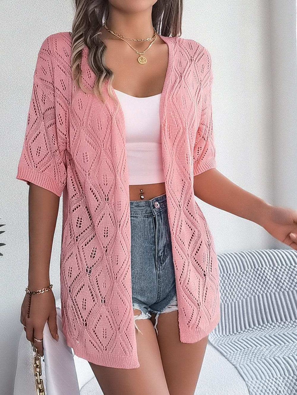 Openwork Open Front Half Sleeve Cardigan - Trendsi - Flyclothing LLC