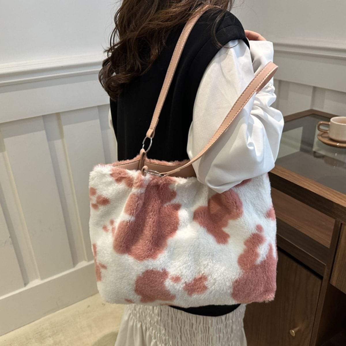 Cow Print Furry Tote Bag - Trendsi - Flyclothing LLC