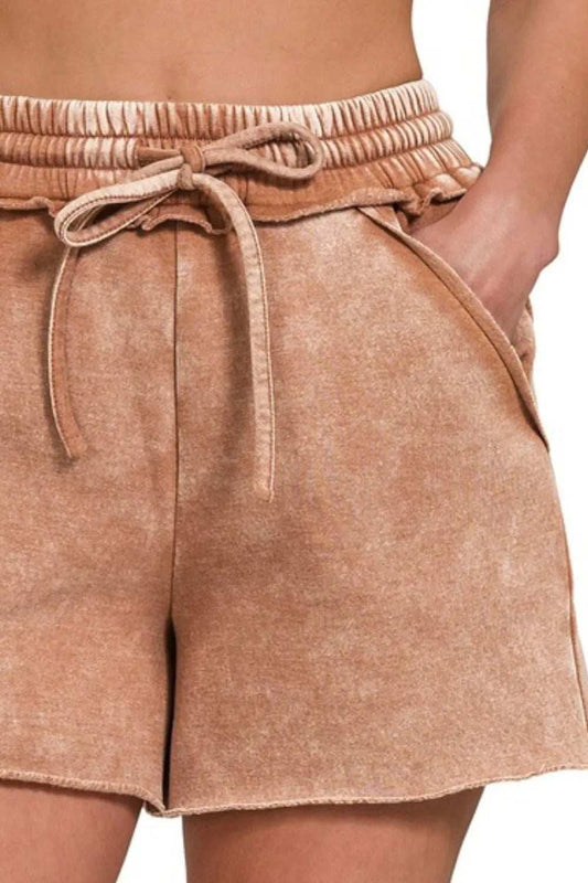 Zenana Acid Wash Fleece Drawstring Shorts With Pockets - Trendsi - Flyclothing LLC