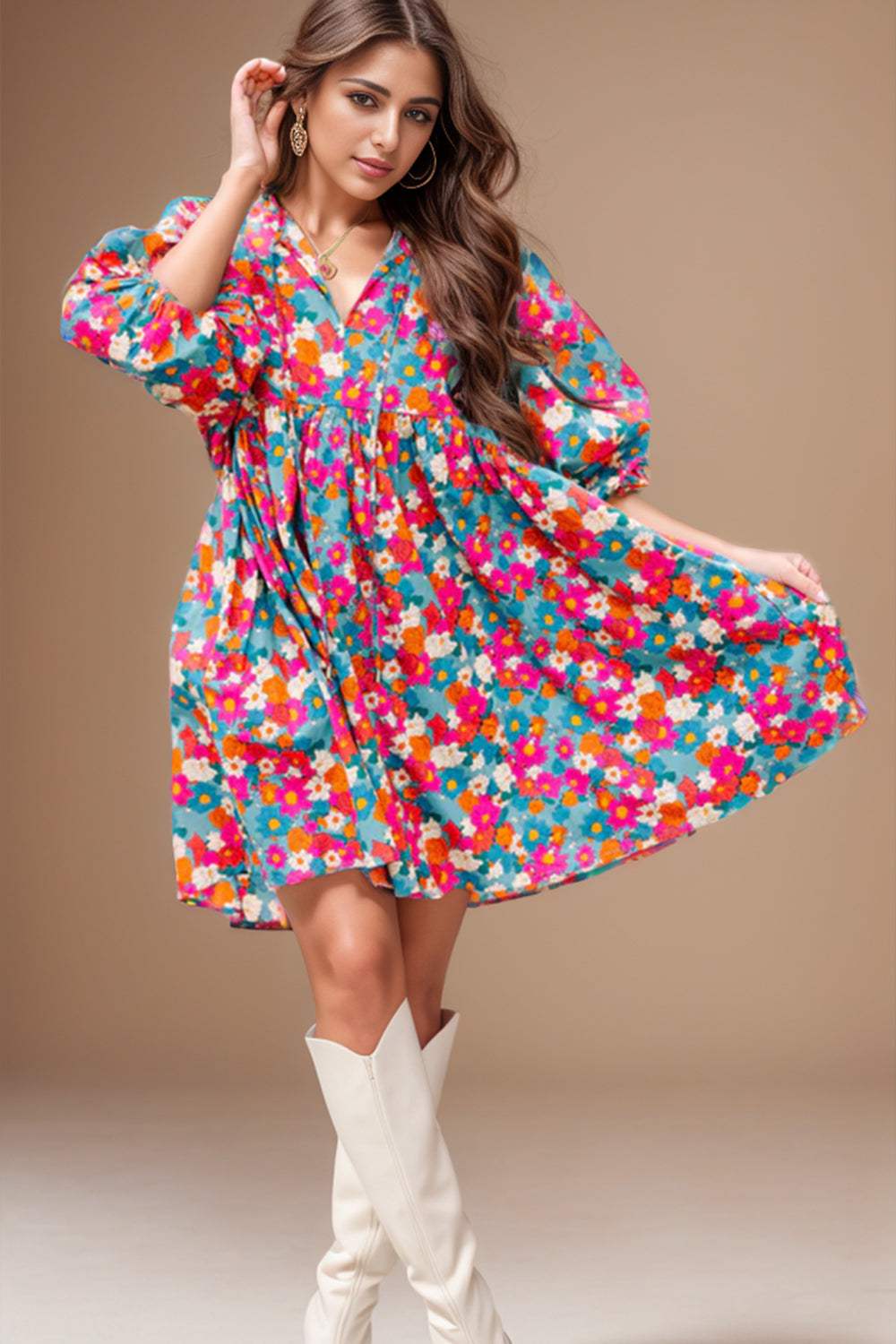 Floral Tie Neck Puff Sleeve Mini Dress - Trendsi - Flyclothing LLC