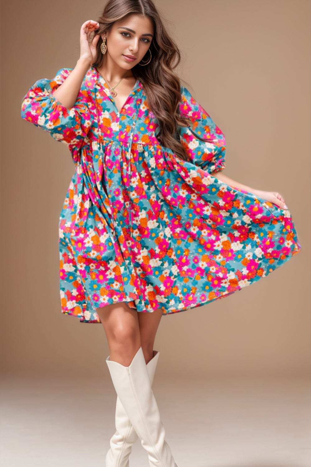 Floral Tie Neck Puff Sleeve Mini Dress - Trendsi - Flyclothing LLC