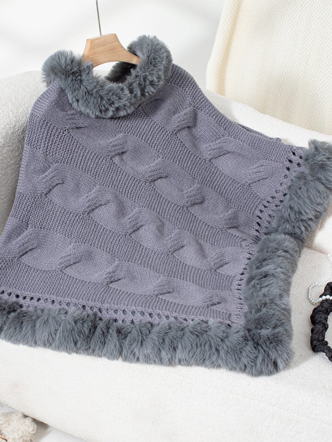 Fuzzy Hem Cable-Knit Poncho - Trendsi