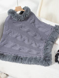 Fuzzy Hem Cable-Knit Poncho - Trendsi