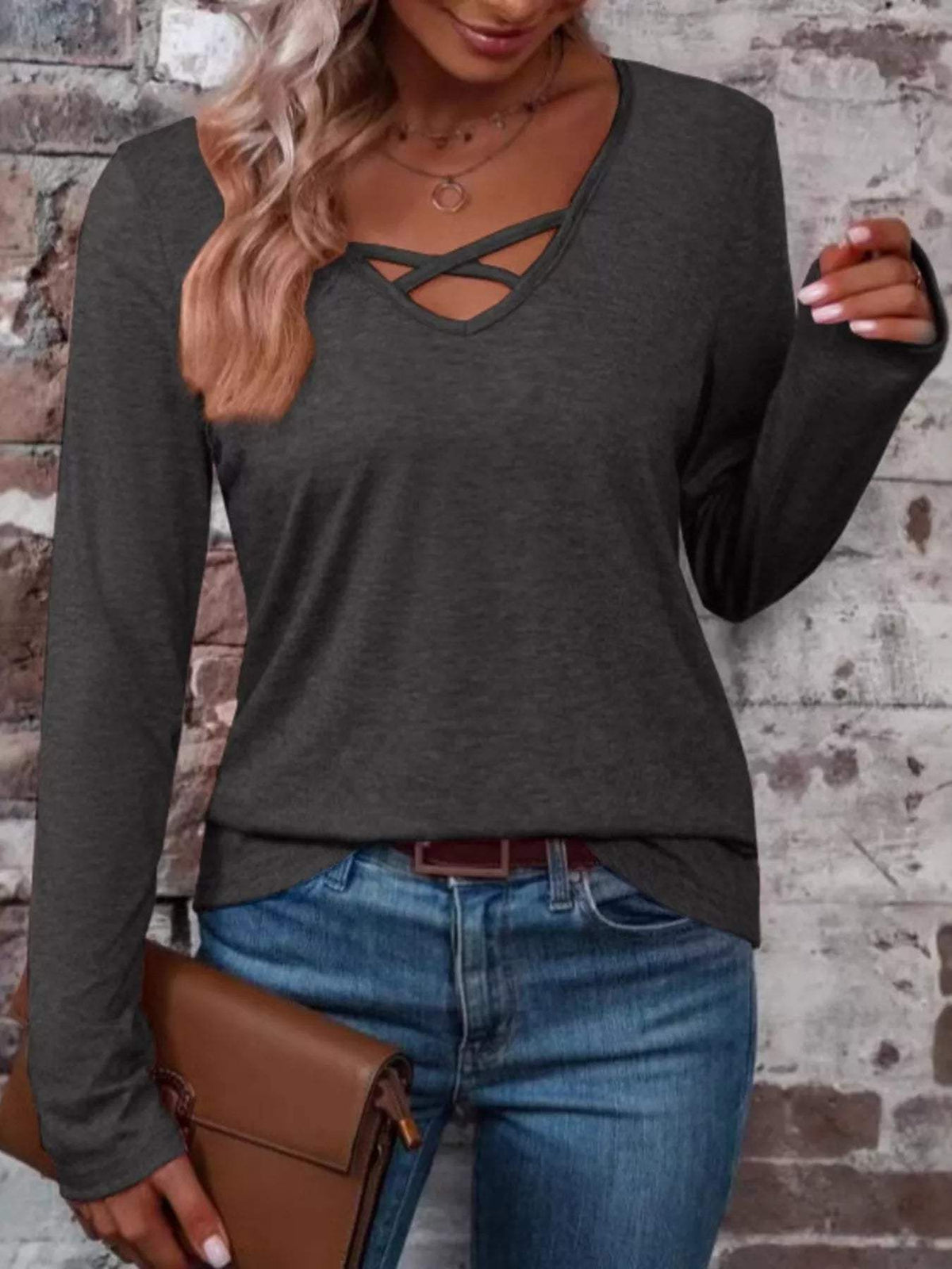 Crisscross V-Neck Long Sleeve T-Shirt - Trendsi - Flyclothing LLC