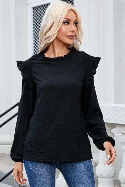 Frill Mock Neck Ruffled Balloon Sleeve Blouse - Trendsi - Flyclothing LLC