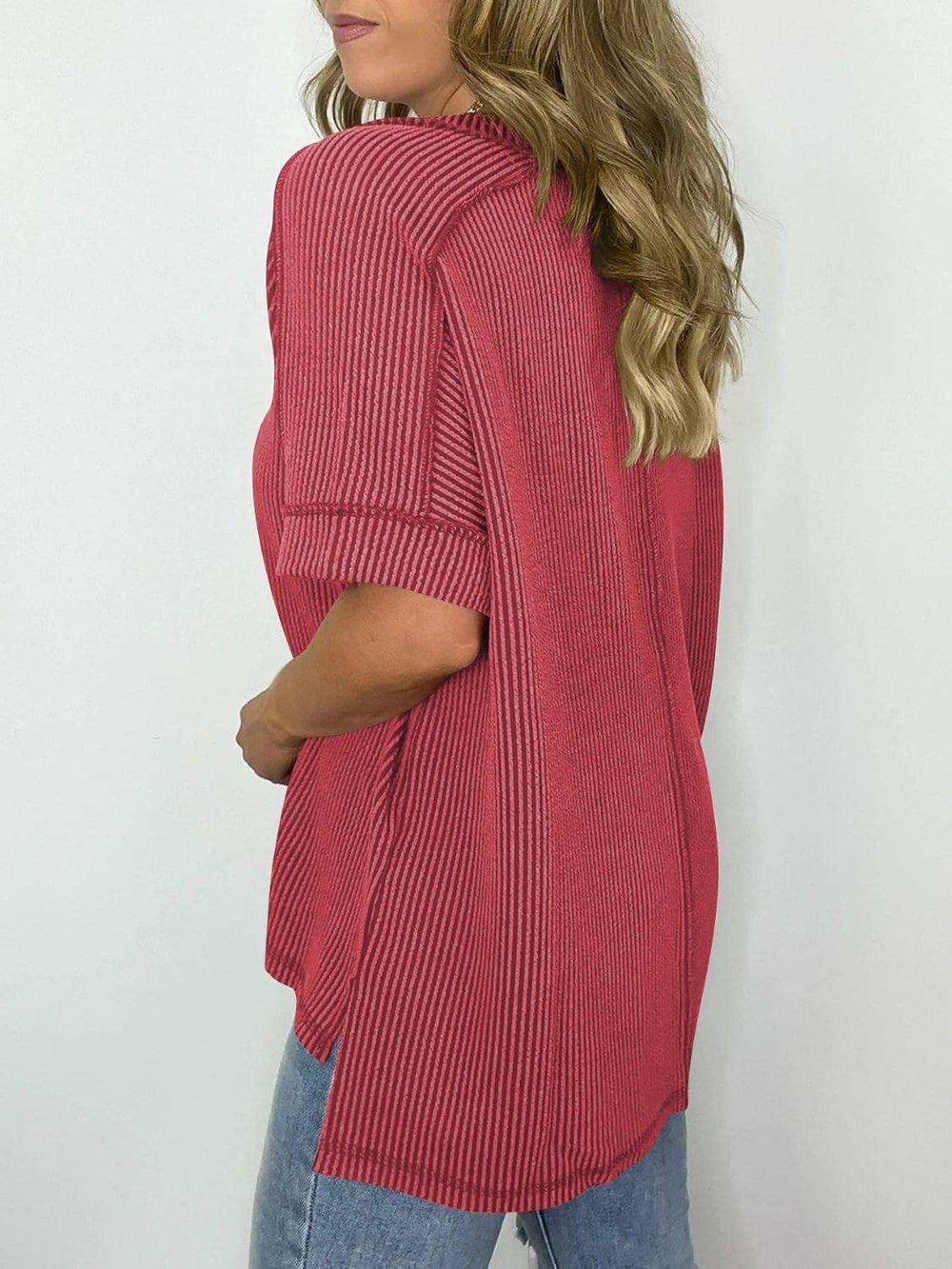 Cord Ribbed V-Neck Short Sleeve T-Shirt - Trendsi - Flyclothing LLC