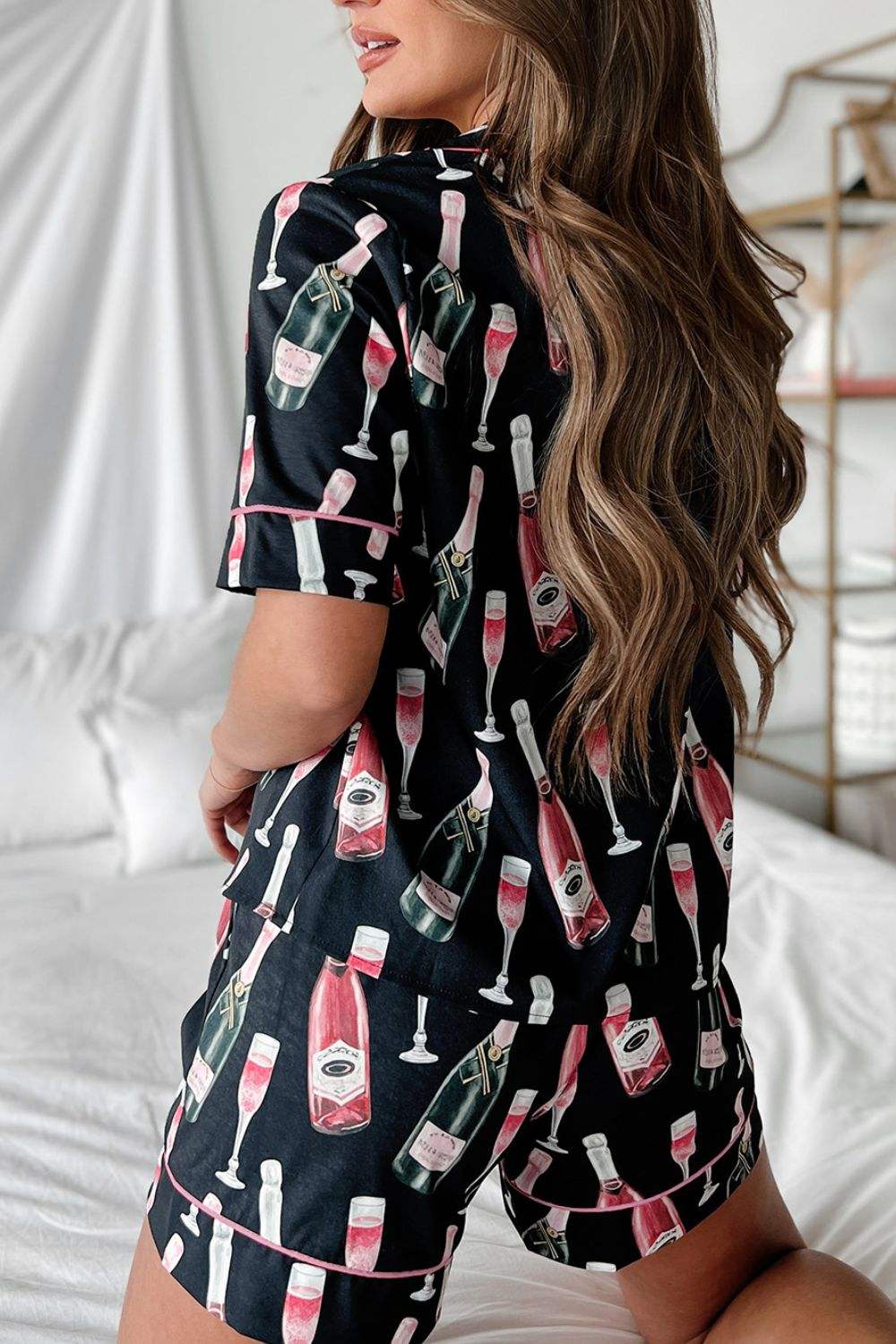 Champagne Print Short Sleeve Top and Shorts Set - Trendsi - Flyclothing LLC