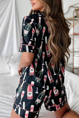 Champagne Print Short Sleeve Top and Shorts Set - Trendsi - Flyclothing LLC