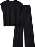 Casual Solid Color Cap Sleeve Top and Pants Knit Set - Trendsi - Flyclothing LLC