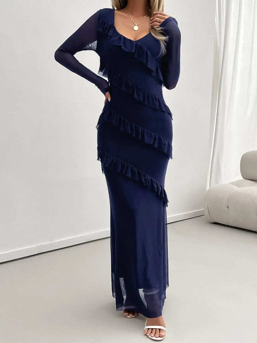 Devine Ruffled Surplice Long Sleeve Maxi Dress - Trendsi - Flyclothing LLC