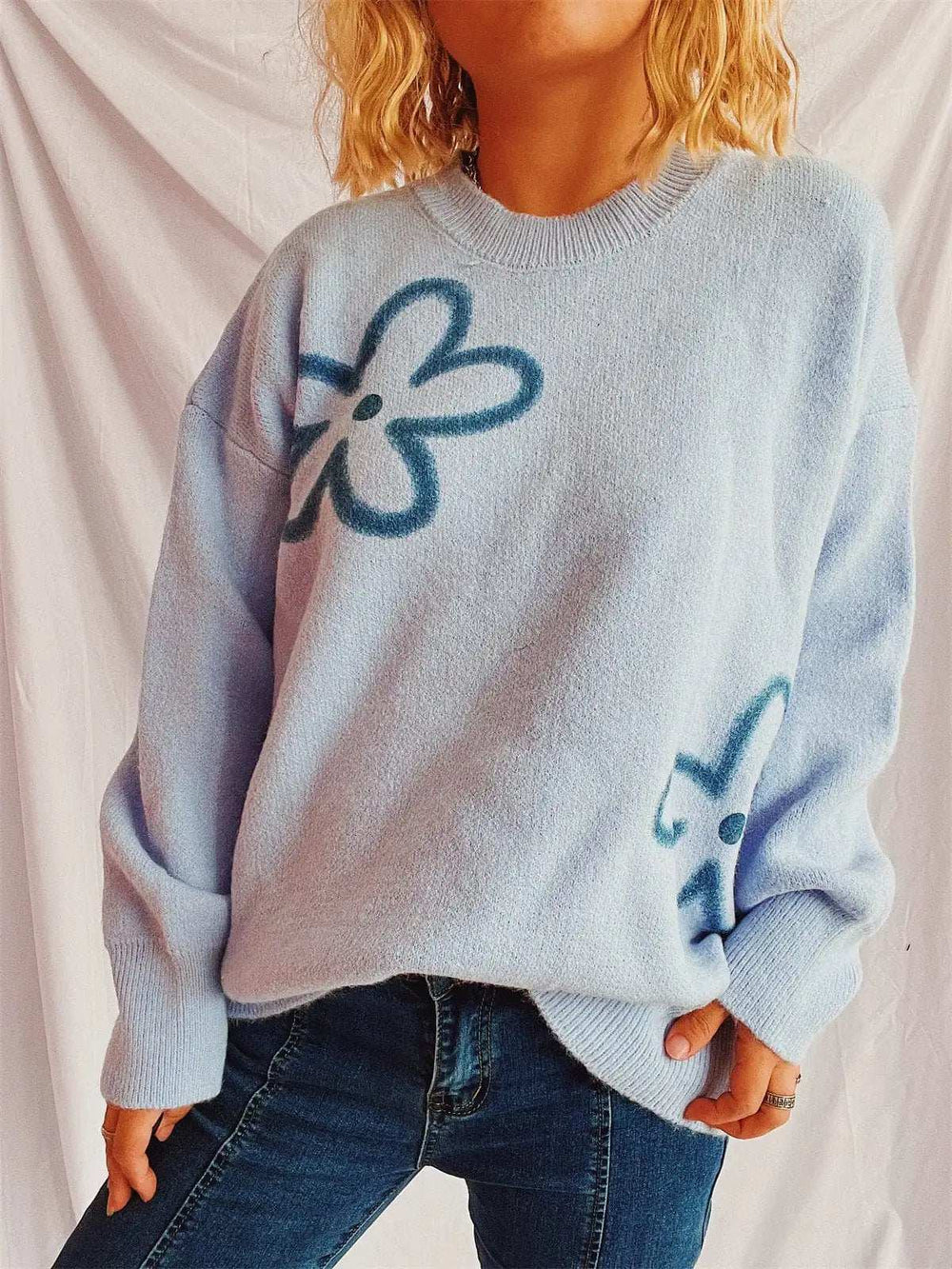 Flower Round Neck Long Sleeve Sweater - Trendsi - Flyclothing LLC