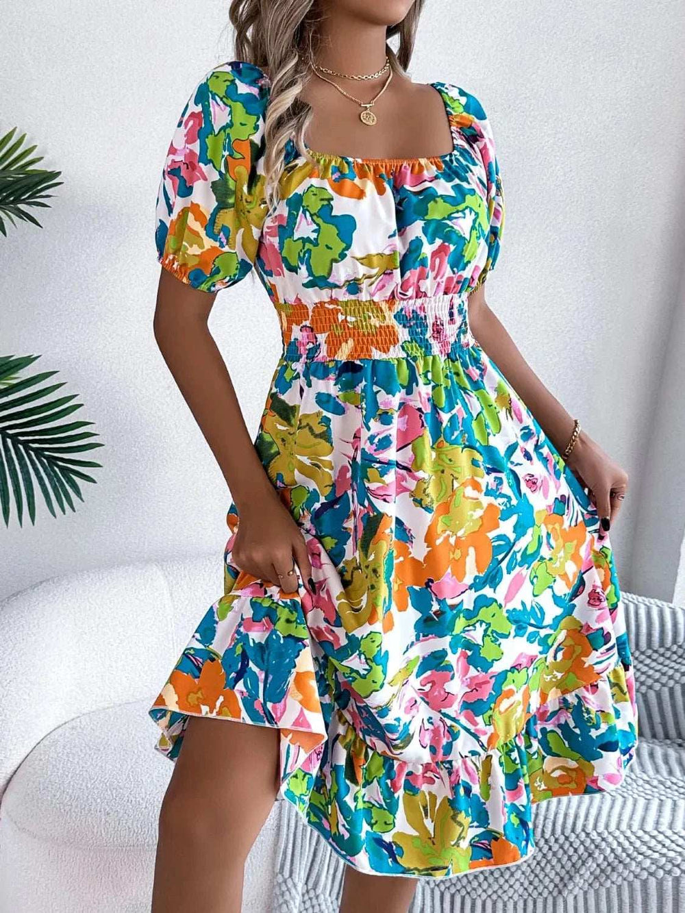 Ruffled Hem Smocked Floral Short Sleeve Midi Dress - Trendsi - Flyclothing LLC