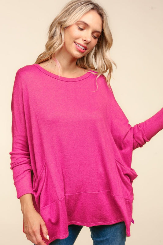 Haptics Dolman Long Sleeve Oversized Knit Top with Pockets - Trendsi