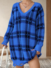 Distressed Plaid V-Neck Long Sleeve Sweater Dress - Trendsi