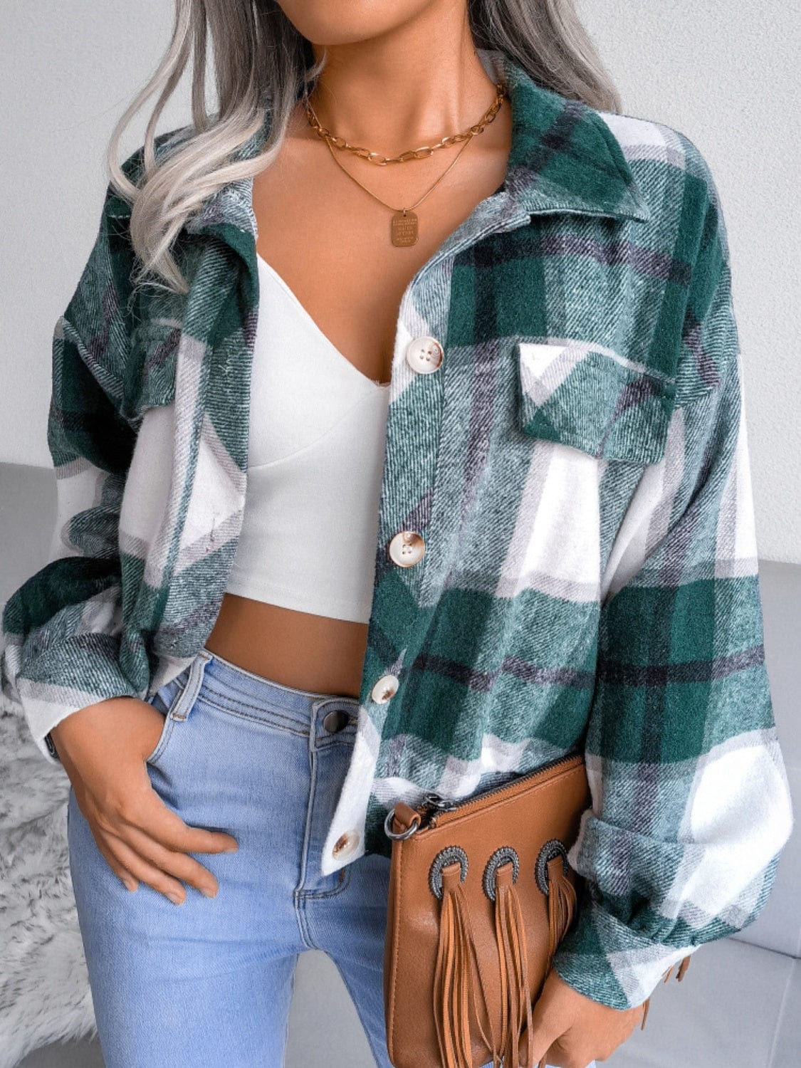 Plaid Collared Neck Long Sleeve Jacket - Trendsi
