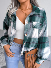 Plaid Collared Neck Long Sleeve Jacket - Trendsi