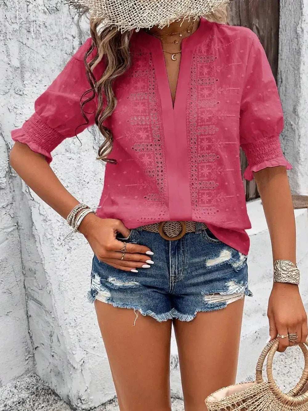 Eyelet Notched Flounce Sleeve Blouse - Trendsi - Flyclothing LLC