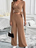 Perfee Surplice Long Sleeve Top and Pants Set - Trendsi