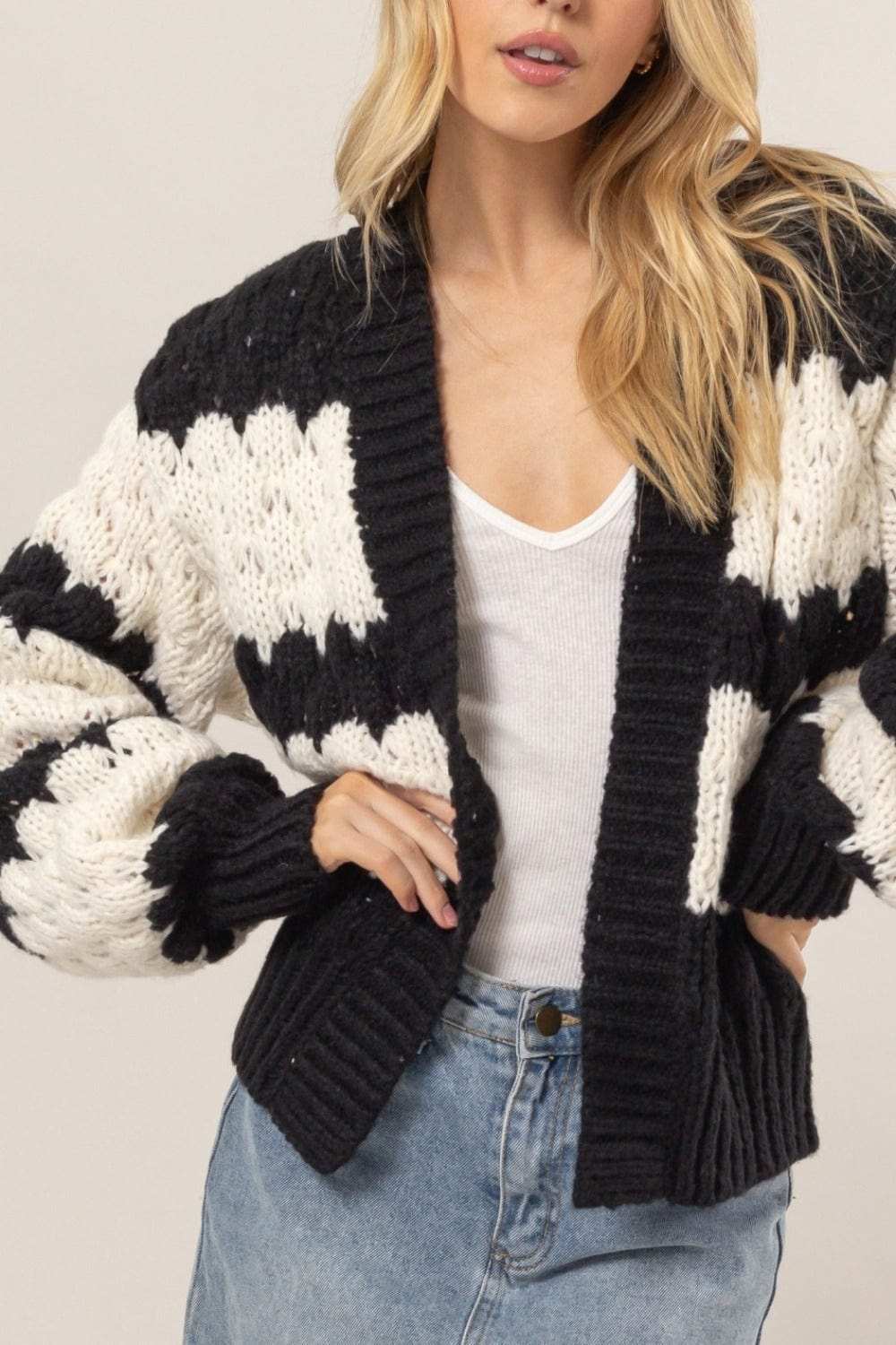 HYFVE Scallop Striped Open Front Long Sleeve Sweater Cardigan - Trendsi - Flyclothing LLC