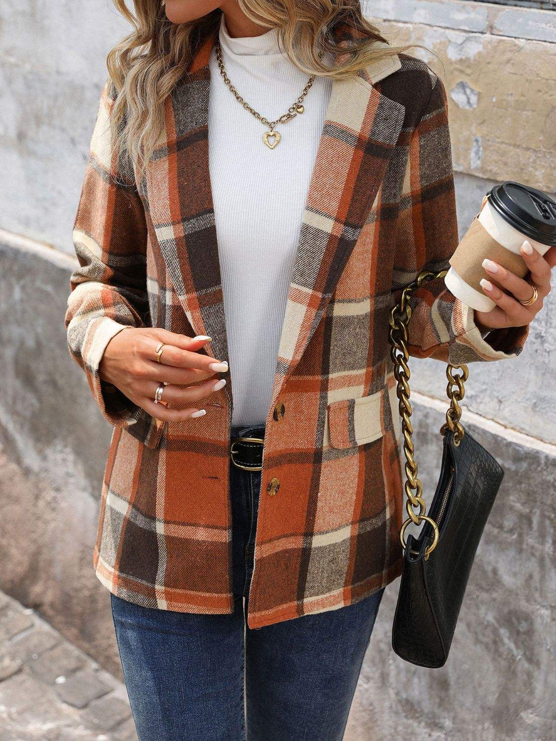Perfee Plaid Button Down Lapel Collar Blazer - Trendsi - Flyclothing LLC