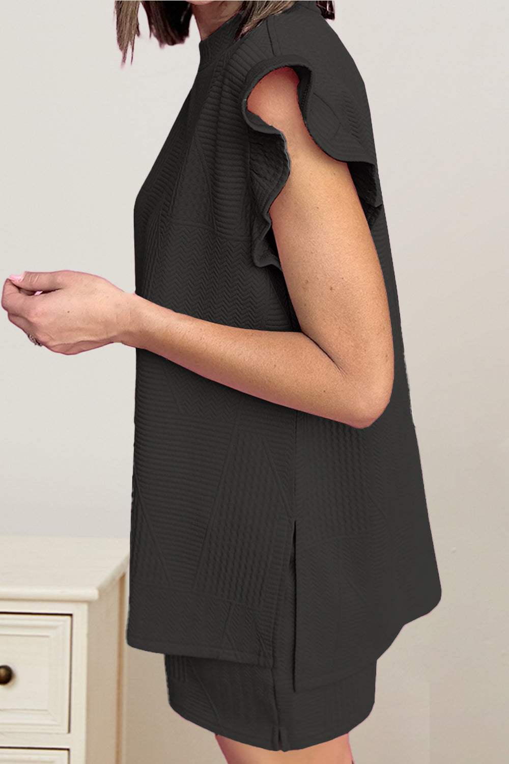 Slit Round Neck Top and Drawstring Shorts Set - Trendsi - Flyclothing LLC