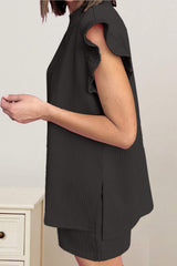 Slit Round Neck Top and Drawstring Shorts Set - Trendsi - Flyclothing LLC