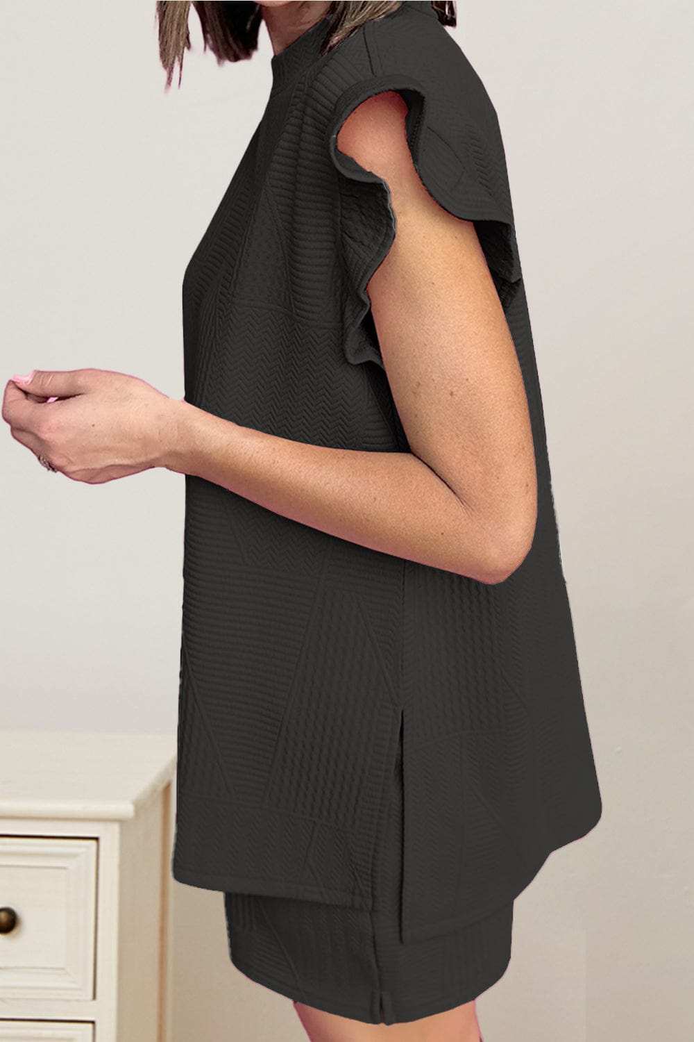 Slit Round Neck Top and Drawstring Shorts Set - Trendsi - Flyclothing LLC