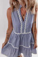 Stripe Sleeveless Notched Ric Rac Mini Dress - Trendsi - Flyclothing LLC
