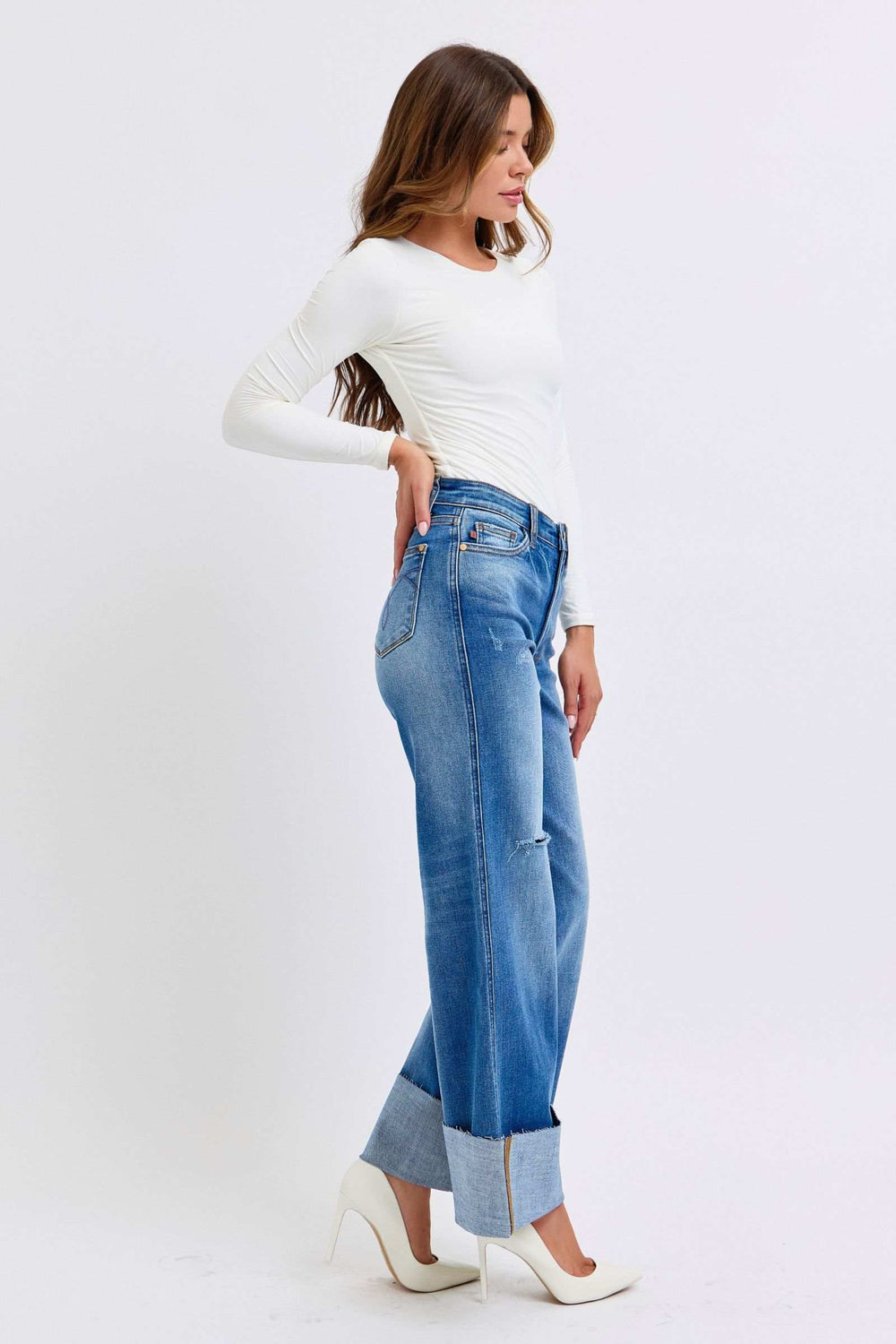 Judy Blue Full Size Distressed High Waist Wide Leg Jeans - Trendsi - Flyclothing LLC