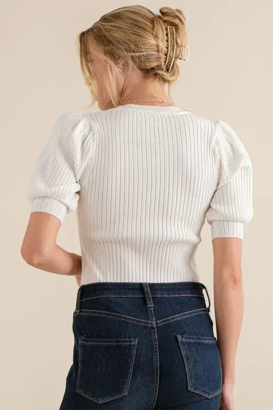 And The Why Puffed Half Sleeve Rib Basic Bodysuit - Trendsi - Flyclothing LLC