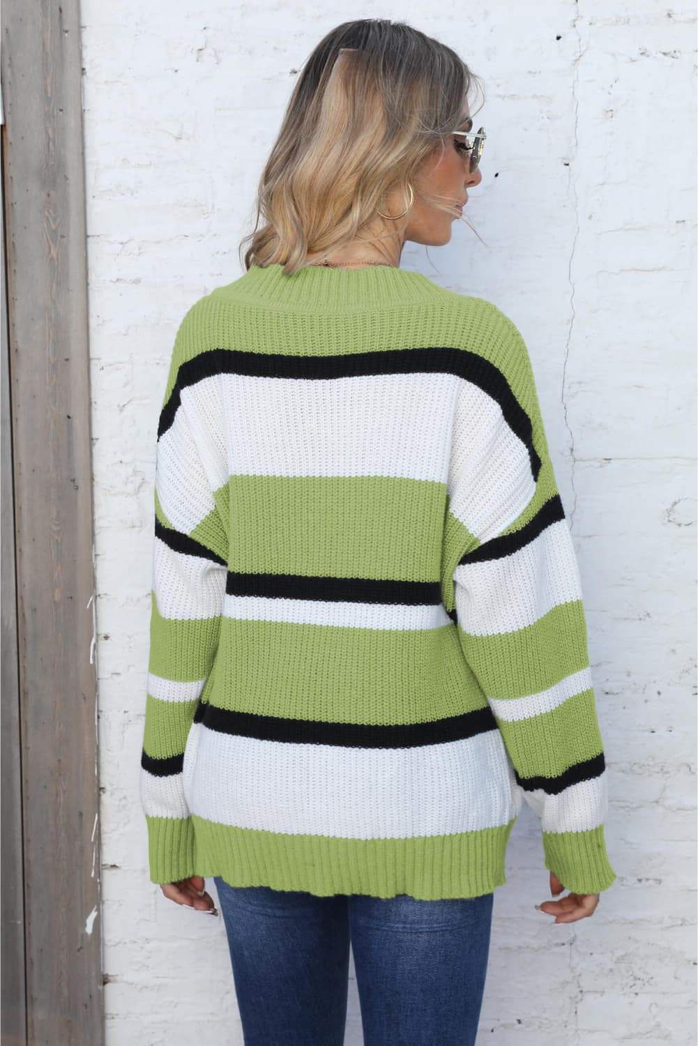 Color Block V-Neck Dropped Shoulder Sweater - Trendsi - Flyclothing LLC