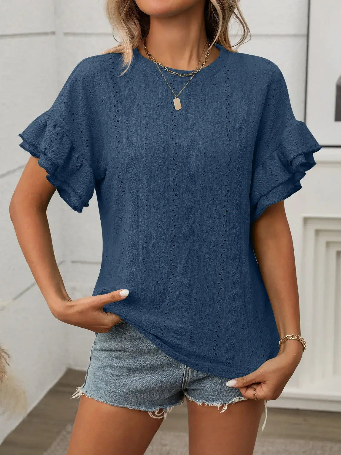 Eyelet Round Neck Flounce Sleeve Top - Trendsi - Flyclothing LLC