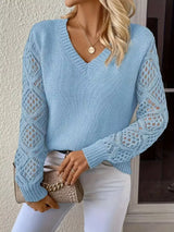 V-Neck Crochet Sleeve Sweater - Trendsi - Flyclothing LLC