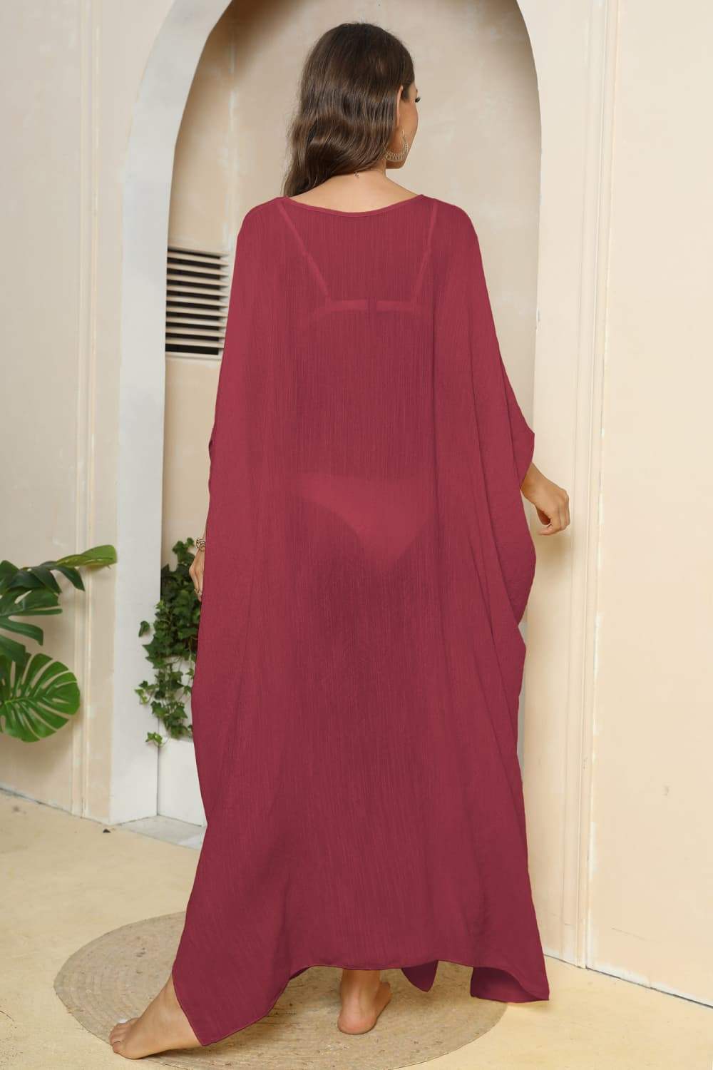 V-Neck Three-Quarter Sleeve Cover-Up - Trendsi - Flyclothing LLC