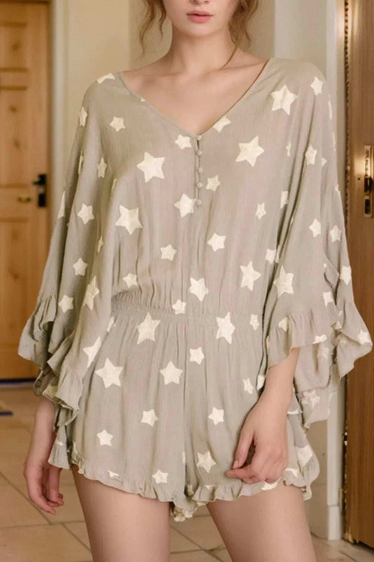 Star Print Crinkle Textured Kimono Ruffle Sleeve Romper - Trendsi - Flyclothing LLC