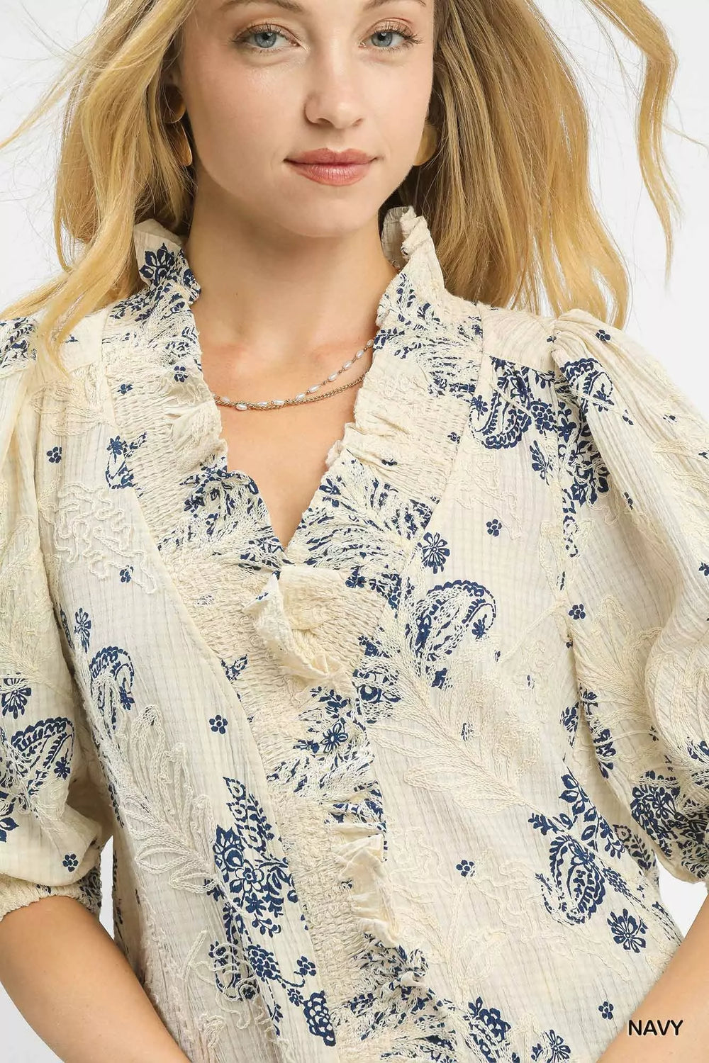 Umgee Floral Embroidered Blouse with Ruffle Trim - Trendsi - Flyclothing LLC
