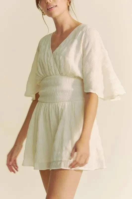 Davi & Dani Batwing Sleeve Waist Belt Romper - Trendsi - Flyclothing LLC