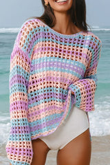 Openwork Side Slit Round Neck Striped Cover Up - Trendsi - Flyclothing LLC