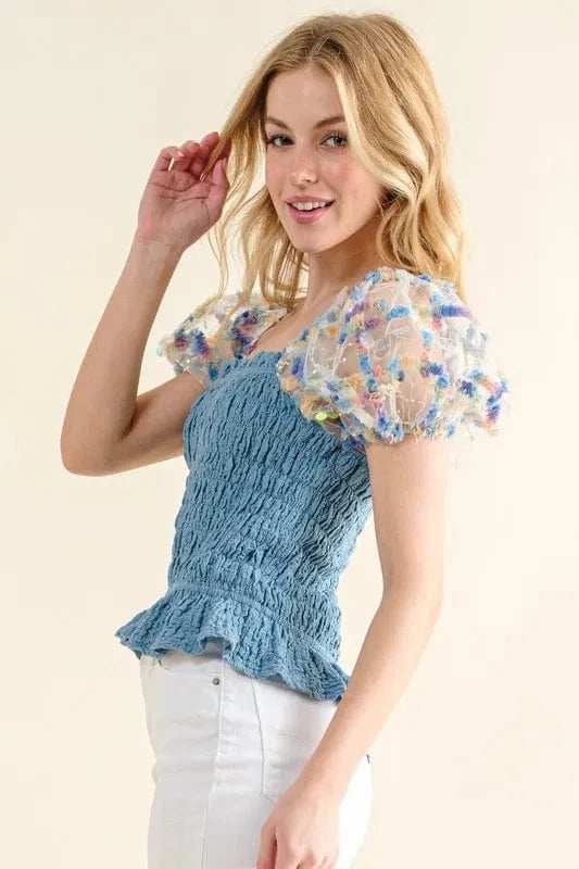 And The Why Embellishment Sleeve Smocked Top - Trendsi - Flyclothing LLC
