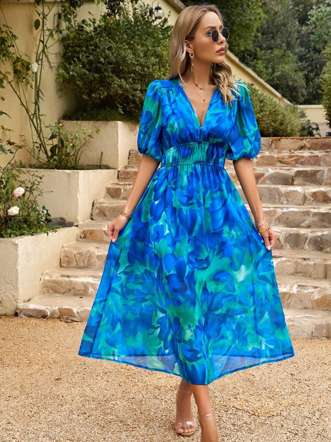 Smocked Printed V-Neck Half Sleeve Midi Dress - Trendsi - Flyclothing LLC